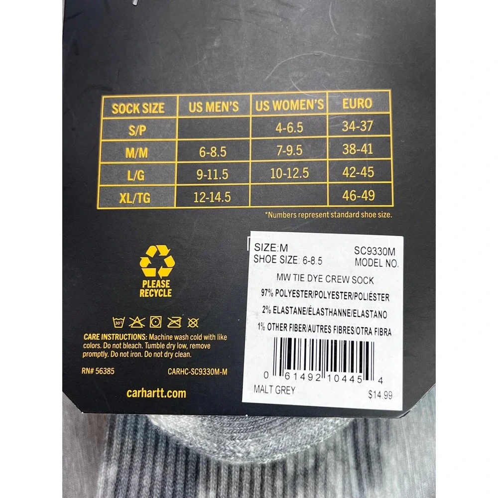 Carhartt Men 2-Pack Midweight Tie-Dye Crew Socks Grey Khaki Medium Mens 6-8.5